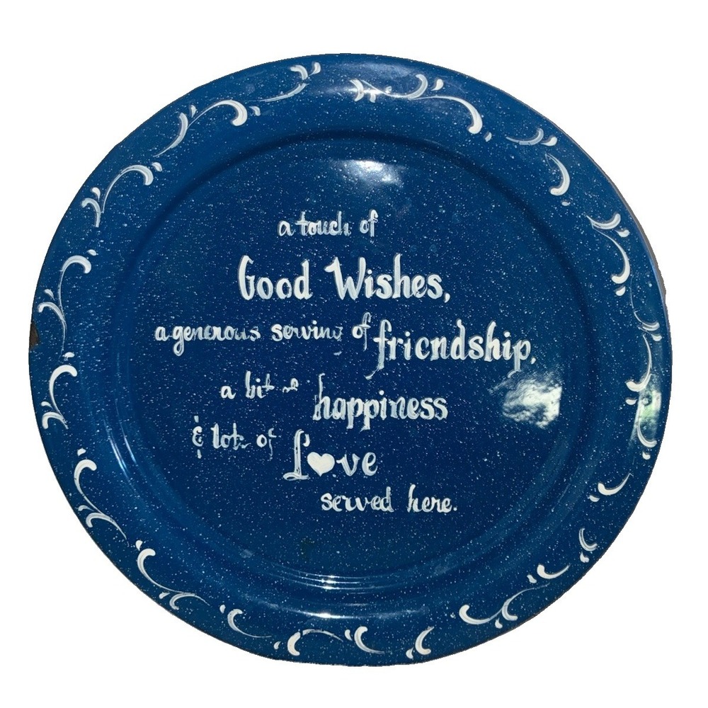 Vintage Enamelware Plate Blue Speckled Friendship Happiness Love Cottage *flaw